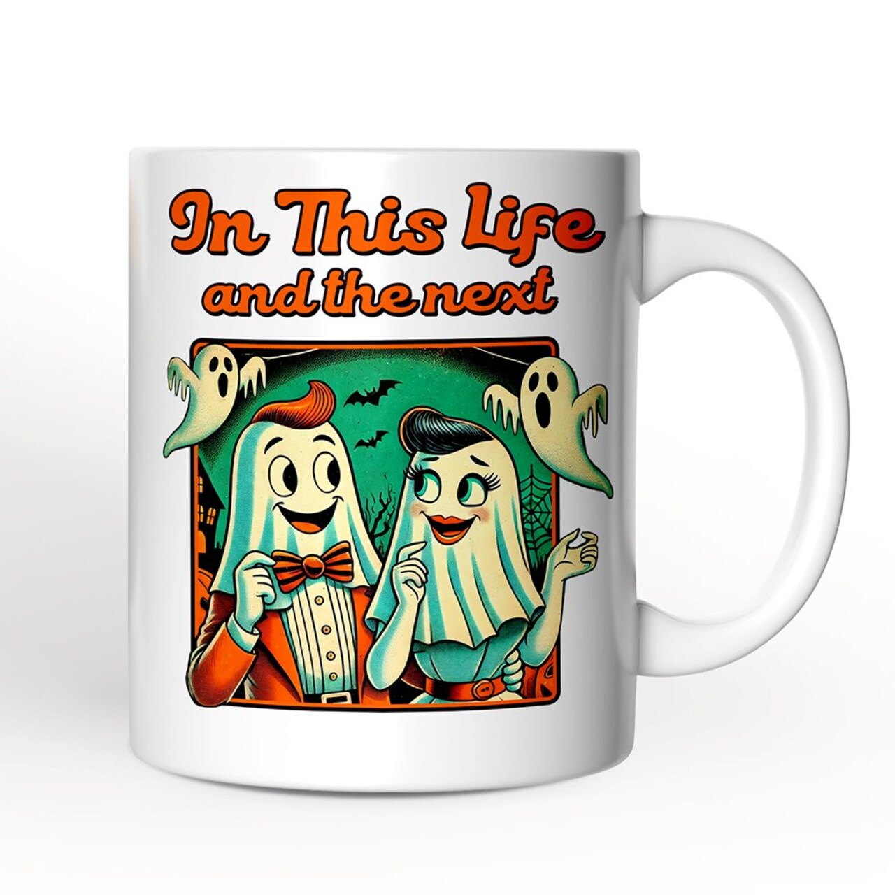 Retro Ghost Lovers Through Next Lives, Mug, Vintage Halloween Gift for Couples